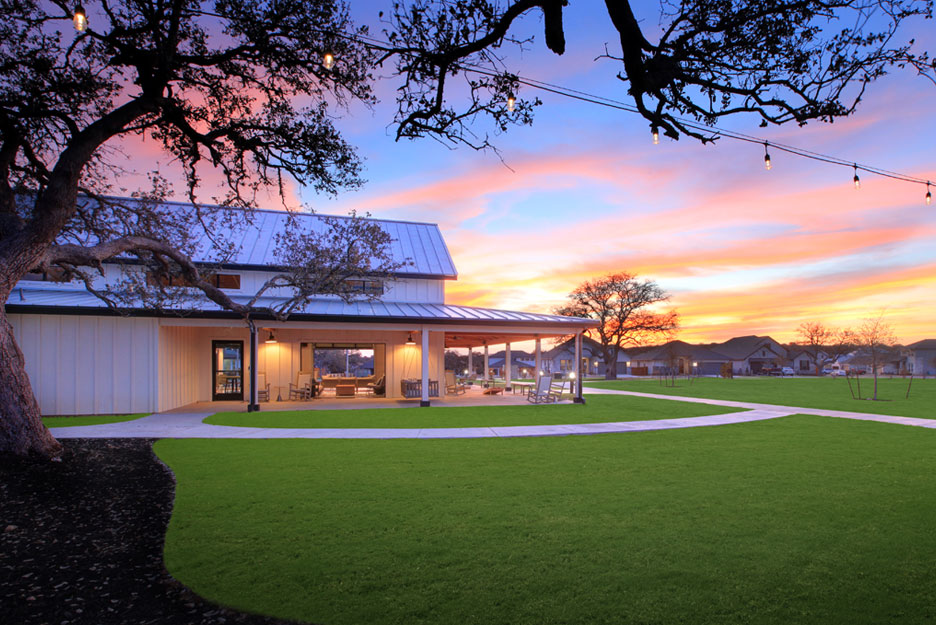 community green outdoor event area at Meyer Ranch at sunset