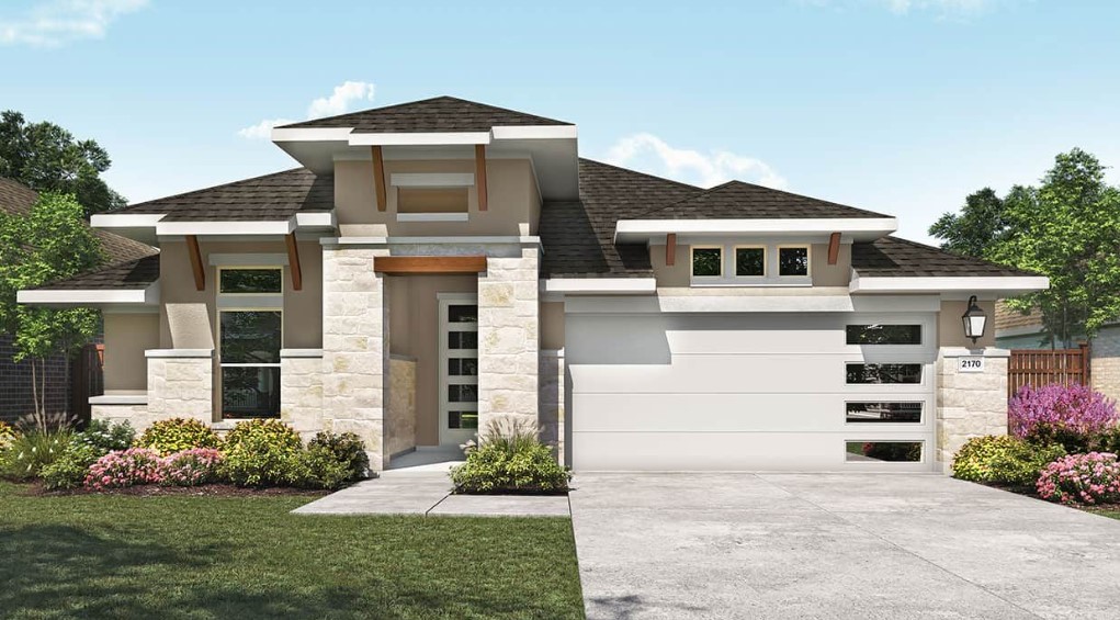 Front view of singe-family home with white stone design and unique architectural style