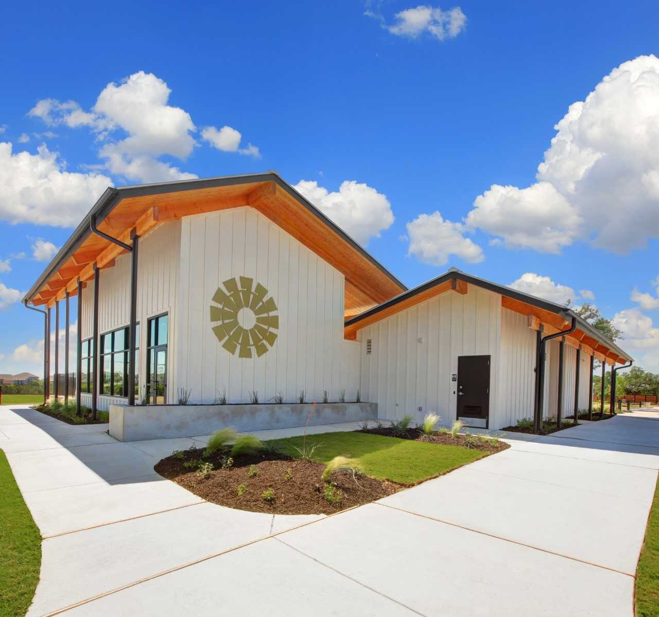 Exterior view of the new Haus amenity building at Meyer Ranch.