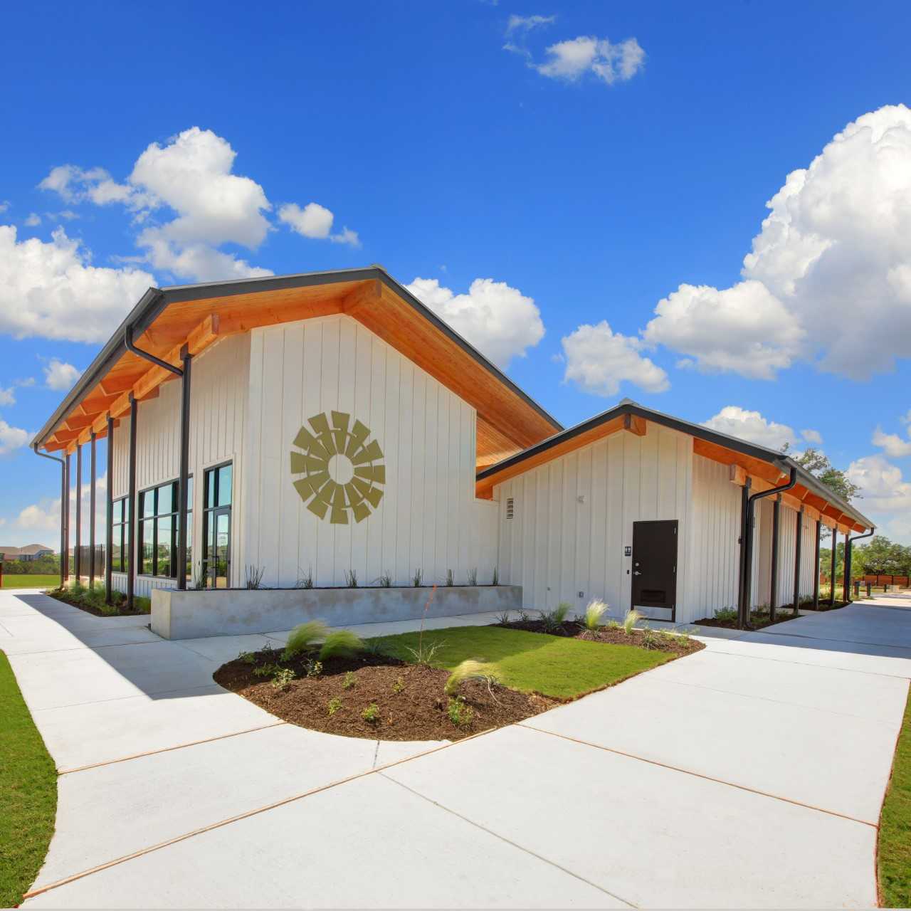 Exterior view of the new Haus amenity building at Meyer Ranch.