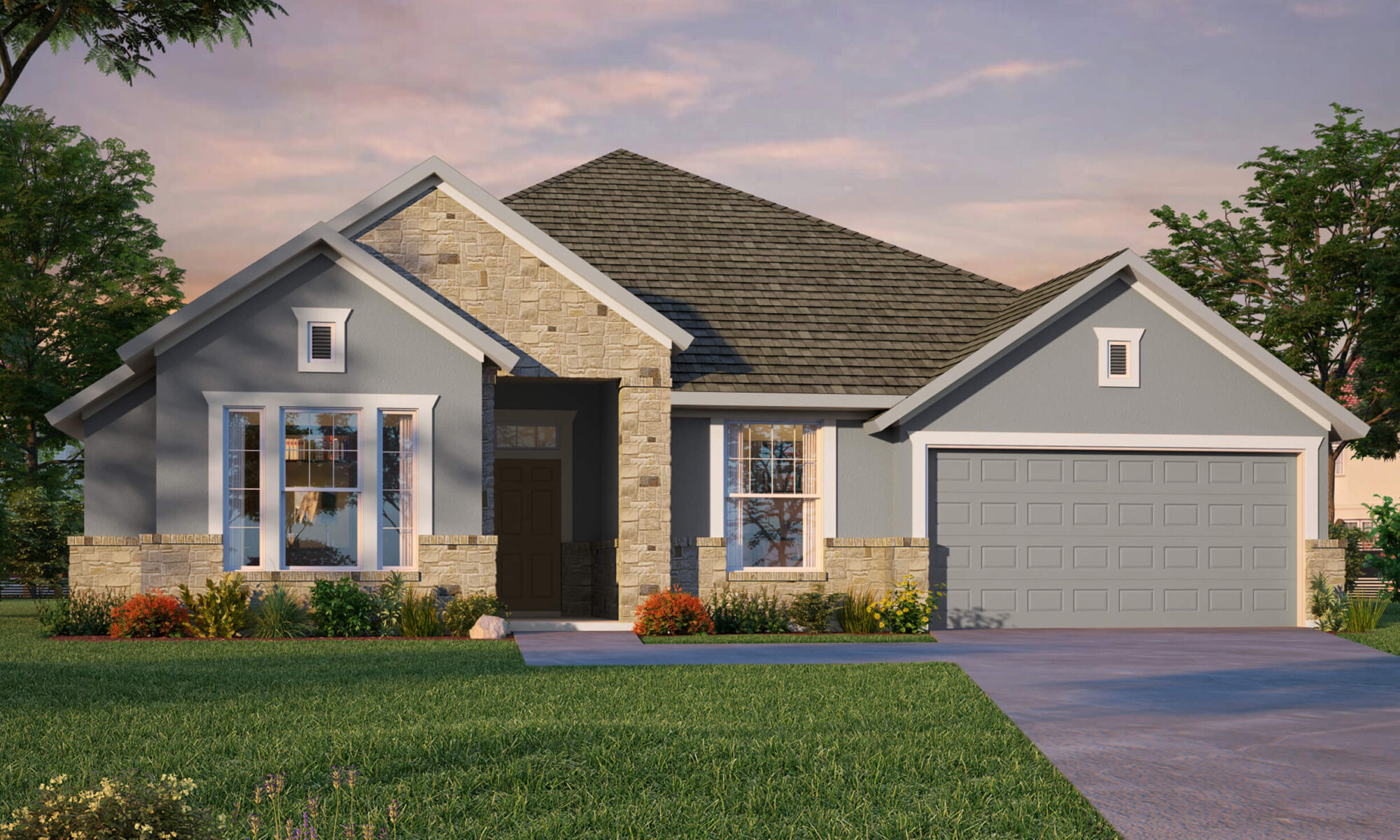 David Weekley model home render at sunset in Meyer Ranch neighborhood